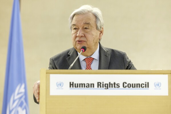 U.N. Secretary-General Antonio Guterres delivers his remarks, during the opening of the High-Level Segment of the 55th session of the Human Rights Council at the European headquarters of the United Nations in Geneva, Switzerland, Monday, Feb. 26, 2024. (Salvatore Di Nolfi/Keystone via AP)