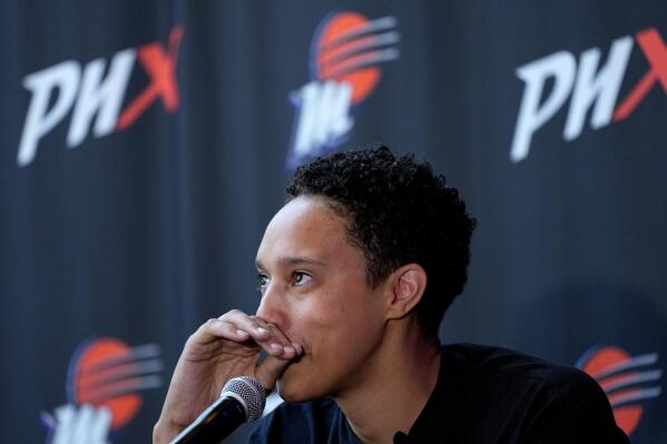 WNBA basketball player Brittney Griner fights back tears at a news conference, Thursday, April 27, 2023, in Phoenix. (AP Photo/Matt York)