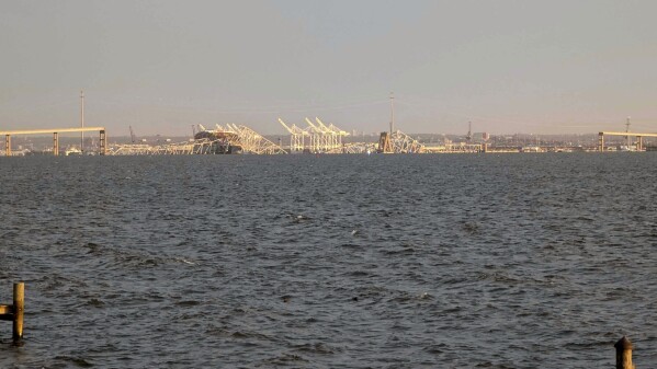 Baltimore's Francis Scott Key Bridge collapse is shown early morning, Tuesday, March 26, 2024 from Riviera Beach, Md. (AP Photo/Nathan Ellgren)