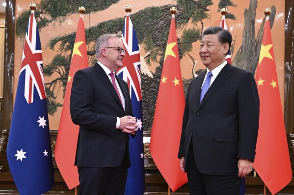 Australia's Prime Minister Anthony Albanese meets with China's President Xi Jinping at the Great Hall of the People in Beijing, China, Monday, Nov. 6, 2023. Albanese has criticized China, Monday Nov. 20, 2023, for an unsafe encounter between Chinese and Australian warships but declined to say whether he had raised the issue in recent talks with President Xi Jinping. (Lukas Coch/AAP Image via AP)