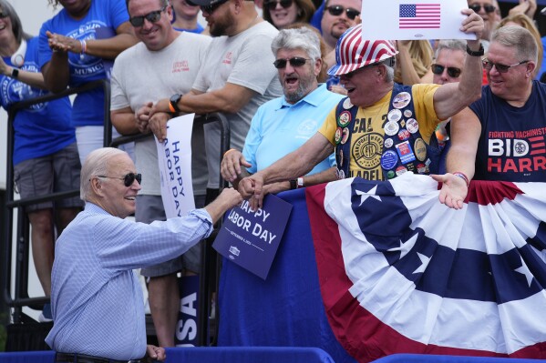 President Joe Biden arrives to speak during a Labor Day event at the Sheet Metal Workers Local 19, in Philadelphia, Monday, Sept. 4, 2023. (AP Photo/Matt Rourke)