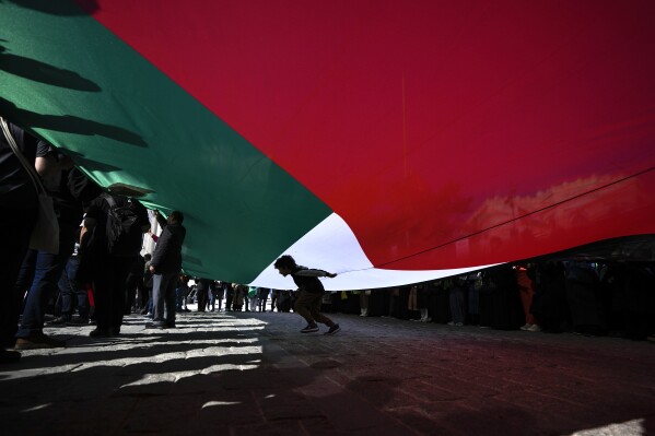 A boy passes under a giant Palestinian flag during a protest to show solidarity with the Palestinians, in Istanbul, Turkey. Friday, Oct. 20, 2023. (AP Photo/Khalil Hamra)