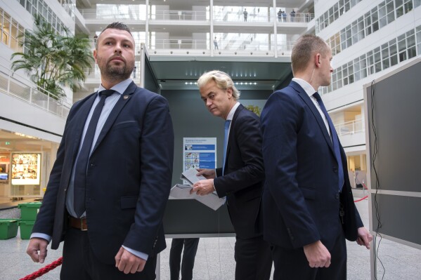 FILE - Geert Wilders, leader of the Party for Freedom, known as PVV, casts his ballot in The Hague, Netherlands, Wednesday, Nov. 22, 2023. Voters across the Netherlands have veered far to the right politically. The shift has been triggered by economic and cultural anxieties that have whipped up fears about immigrants. It's an extreme example of a trend being felt across the continent that could tilt the outcome of this year's European Union parliamentary election. (AP Photo/Mike Corder, File)