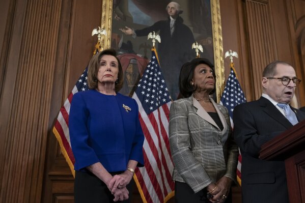 From left, Speaker of the House Nancy Pelosi, D-Calif., House Financial Services Committee Chairwoman Maxine Waters, D-Calif., and House Judiciary Committee Chairman Jerrold Nadler, D-N.Y., announce they are pushing ahead with two articles of impeachment against President Donald Trump — abuse of power and obstruction of Congress — charging he corrupted the U.S. election process and endangered national security in his dealings with Ukraine, at the Capitol in Washington, Tuesday, Dec. 10, 2019. (AP Photo/J. Scott Applewhite)