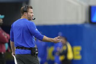 Los Angeles Rams head coach Sean McVay gestures from the sideline during the second half of an NFL football game against the Arizona Cardinals Sunday, Nov. 13, 2022, in Inglewood, Calif. (AP Photo/Mark J. Terrill)