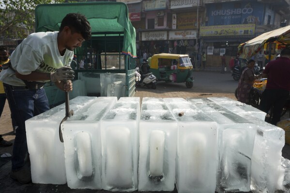 Ice blocks are arranged for sale at food stalls in Ahmedabad, India on April 2, 2025.