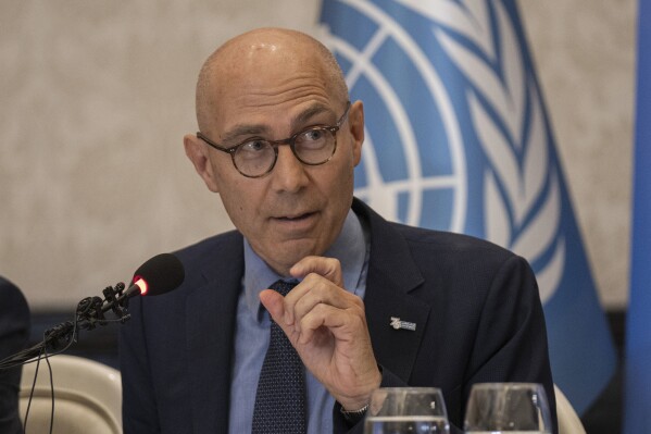 U.N. High Commissioner for Human Rights Volker Turk, speaks during a press conference in Baghdad, Iraq, Wednesday, Aug. 9, 2023. (AP Photo/Hadi Mizban)