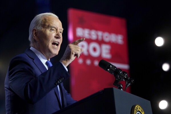 President Joe Biden speaks during an event on the campus of George Mason University in Manassas, Va., Tuesday, Jan. 23, 2024, to campaign for abortion rights, a top issue for Democrats in the upcoming presidential election. (AP Photo/Susan Walsh)