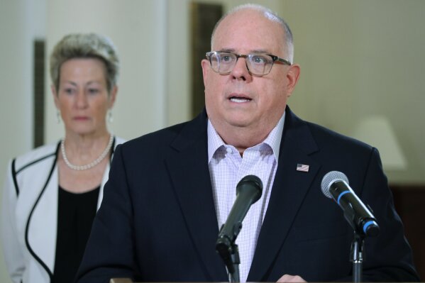 Gov. Larry Hogan, R-Md., speaks at a news conference, Friday, April 3, 2020, in Annapolis, Md.  Authorities are searching for the daughter and a grandson of former Maryland Lt. Gov. Kathleen Kennedy Townsend after a canoe they were paddling in the Chesapeake Bay didn’t return to shore. Hogan on Friday identified the missing relatives as Maeve Kennedy Townsend McKean and McKean’s 8-year-old son, Gideon Joseph Kennedy McKean. (AP Photo/Brian Witte)