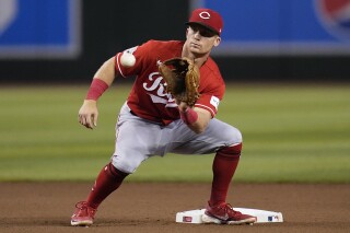 FILE -Cincinnati Reds second base Matt McLain takes a throw down to second base during the seventh inning of a baseball game against the Arizona Diamondbacks Saturday, Aug. 26, 2023, in Phoenix. The Cincinnati Reds are bracing for the possibility of another key player being unavailable for the season opener after second baseman Matt McLain's recent injury to his non-throwing shoulder.(AP Photo/Ross D. Franklin, File)