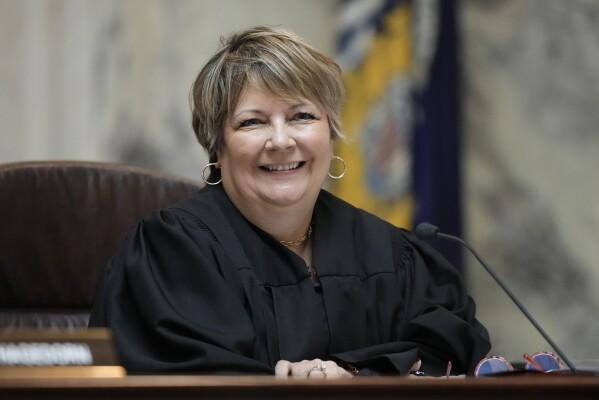 FILE - Wisconsin Supreme Court Justice Janet Protasiewicz, who is being targeted for possible impeachment by Republican lawmakers, attends her first hearing as a justice Thursday, Sept. 7, 2023, in Madison, Wis. (AP Photo/Morry Gash, File)
