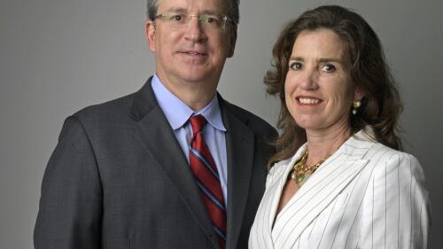 John Georges and his wife, Dathel, pose for a portrait at The New Orleans Advocate studio in New Orleans, Thursday, May 2, 2019. The publisher of daily newspapers in New Orleans and Baton Rouge is launching a digital news service in northwest Louisiana. Georges Media Group said in a Monday, April 24, 2023, news release that it will hire 10 journalists for the Shreveport-Bossier Advocate. Dathel and John Georges, of New Orleans, founded Georges Media in 2013. (Max Becherer/The Times-Picayune/The New Orleans Advocate via AP)