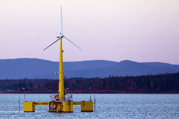 FILE - The University of Maine's first prototype of an offshore wind turbine is seen in this Sept. 20, 2013 file photo, near Castine Maine. (AP Photo/Robert F. Bukaty, files)