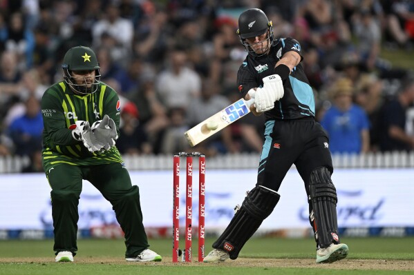 New Zealand's Finn Allen bats during the T20 cricket international between New Zealand and Pakistan at Eden Park in Auckland, New Zealand, Sunday, Jan. 14, 2024. (Andrew Cornaga/Photosport via AP)