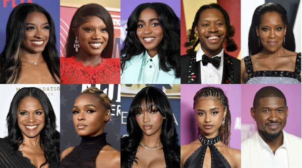 Top row from left, Simone Biles, Doechii, Ayo Edebiri, Jeremy O. Harris and Regina King, and bottom row from left, Audra McDonald, Janelle Monáe, Angel Reese, Tyla and Usher. (AP Photo)