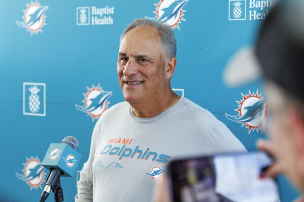 Miami Dolphins defensive coordinator Vic Fangio speaks with the media before NFL football training camp at Baptist Health Training Complex in Hard Rock Stadium, Tuesday, Aug. 22, 2023 in Miami Gardens, Fla. (David Santiago/Miami Herald via AP)