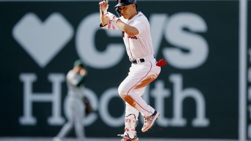 Boston Red Sox's Masataka Yoshida reacts after hitting a ground-rule double during the fourth inning of a baseball game against the Oakland Athletics, Saturday, July 8, 2023, in Boston. (AP Photo/Michael Dwyer)