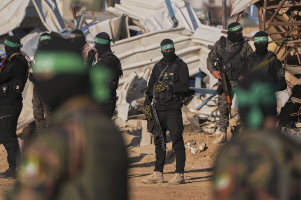 Hamas fighters take a position before a hostage outing at Khan Younis, Southern Gaza Strip, Saturday February 1, 2025. Photo / Abdel Kareem, File)