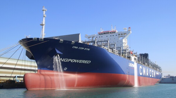 In this photo provided by Vladimir Tonic, the CMA CGM Symi is seen at Mokpo, South Korea, Jan. 20, 2022. The container ship owned by an Israeli billionaire came under attack by a suspected Iranian drone in the Indian Ocean as Israel wages war on Hamas in the Gaza Strip, an American defense official said Saturday, Nov. 25, 2023. (Vladimir Tonic via AP)