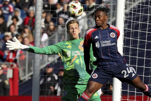 New England Revolution goalkeeper Henrich Ravas, left, and defender Nick Lima (24) defend the net in the first half of an MLS soccer match against Toronto FC, Sunday, March 3, 2024, in Foxborough, Mass. (AP Photo/Mark Stockwell)