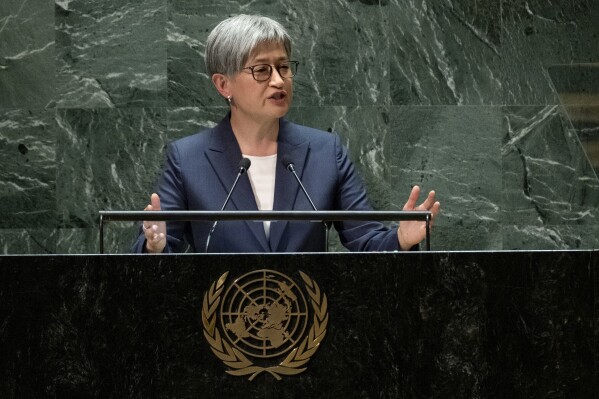 FILE - Australia's Minister for Foreign Affairs Penny Wong addresses the 78th session of the United Nations General Assembly, Sept. 22, 2023, at United Nations headquarters. Wong said Friday, March 15, 2024, that Australia will restore funding to the United Nations relief agency for Palestinians, weeks after the agency, known as UNRWA, lost hundreds of millions of dollars in support following Israeli allegations that some of its Gaza-based staff participated in the Oct. 7 attack. (AP Photo/Craig Ruttle, File)