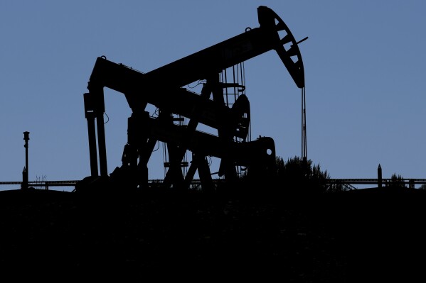 FILE - Pumpjacks dip their heads to extract oil in a basin south of Duchesne, Utah on July 13, 2023. U.S. oil production is at an all-time high. The U.S. Energy Information Administration, an arm of the Energy Department, reported that American oil production in the first week of October hit 13.2 million barrels per day, passing the previous record set in 2020 by 100,000 barrels. Weekly domestic oil production has doubled from the first week in October 2012 to now. (AP Photo/Rick Bowmer, File)