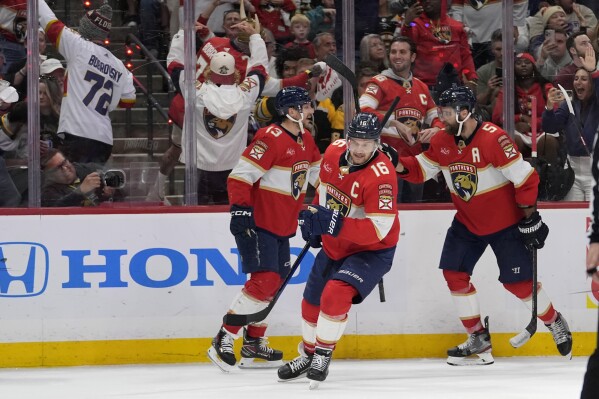 Florida Panthers center Aleksander Barkov (16) celebrates after scoring a goal against the Boston Bruins during the second period of Game 2 of a second-round series of the NHL hockey Stanley Cup playoffs Wednesday, May 8, 2024, in Sunrise, Fla. (AP Photo/Lynne Sladky)