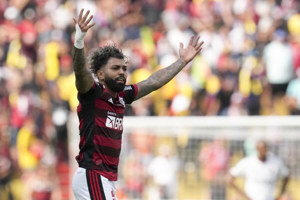 Gabriel Barbosa of Brazil's Flamengo celebrates scoring the opening goal against Brazil's Athletico Paranaense during the Copa Libertadores final soccer match at the Monumental Stadium in Guayaquil, Ecuador, Saturday, Oct. 29, 2022. (AP Photo/Dolores Ochoa)