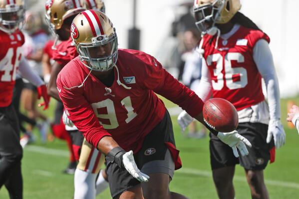 San Francisco 49ers defensive end Arik Armstead (91) warms up during practice, Thursday, Jan. 30, 2020, in Coral Gables, Fla., for the NFL Super Bowl 54 football game. (AP Photo/Wilfredo Lee)