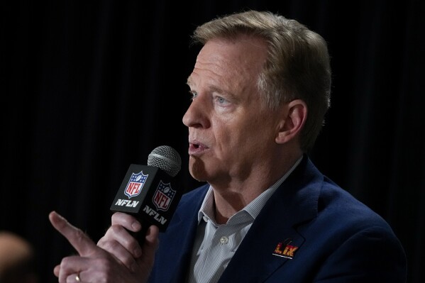 NFL commissioner Roger Goodell speaks during a news conference, Monday, Feb. 3, 2025, in New Orleans, ahead of the NFL Super Bowl 59 football game between the Philadelphia Eagles and the Kansas City Chiefs. (AP Photo/Matt York)