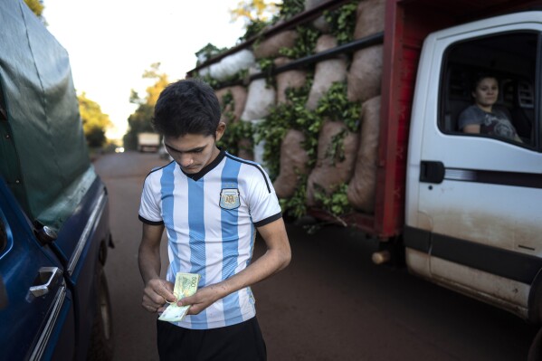Wearing an Argentine soccer jersey, Fabian Acuna counts his weekly payment for harvesting yerba mate outside his home where the foreman drove to drop off his payment in Andresito, in Argentina's Misiones Province, Friday, April 19, 2024. Rich or poor, left or right, fan of Argentine soccer club Boca Juniors or its fierce rival River Plate, Argentines run on maté. (AP Photo/Rodrigo Abd)