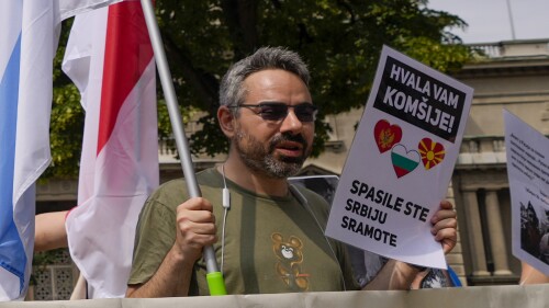 Peter Nikitin, a Russian pro-democracy activist residing in Serbia, shouts slogans during a protest against Russian Foreign Minister Sergey Lavrov's visit in Belgrade, Serbia, Monday, June 6, 2022. Nikitin said Thursday, July 13, 2023, that Serbian authorities have banned him from entering the country upon return from a trip abroad. Nikitin is well known as a fierce critic of Russia's invasion of Ukraine and the regime of Russian President Vladimir Putin. He has been one of the organizers of antiwar and pro-democracy protests in Serbia by the Russians and Ukrainians living in the country. (AP Photo/Darko Vojinovic)