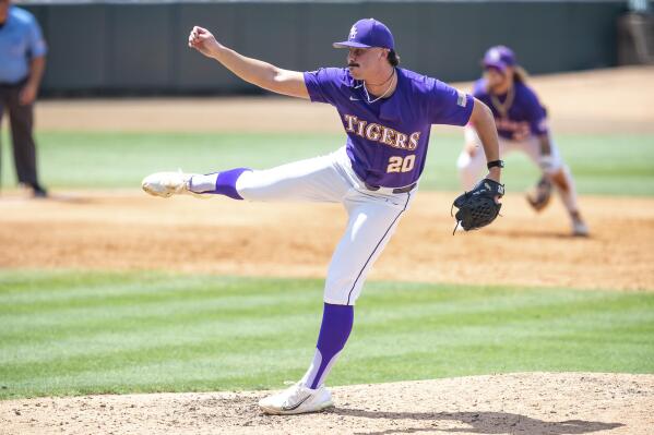 LSU starting pitcher Paul Skenes throws against Tulane during an NCAA college baseball tournament regional game in Baton Rouge, La., Friday, June 2, 2023. (Scott Clause/The Daily Advertiser via AP)