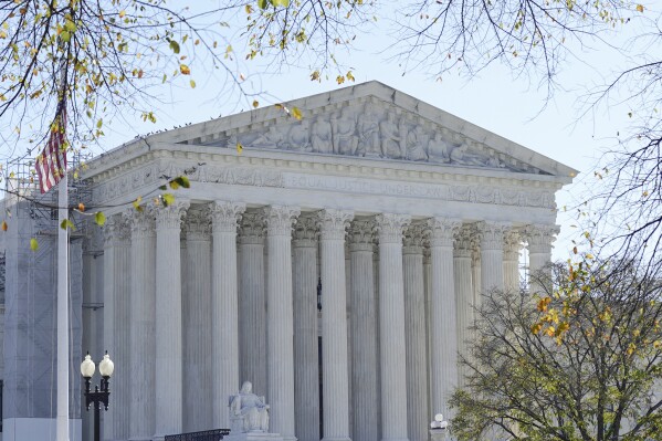 The U.S Supreme Court is seen on Friday, Nov. 3, 2023, in Washington. The Supreme Court is hearing its first case about guns since last year’s decision that called into question numerous gun control laws. The justices on Tuesday are taking up a challenge to a federal law that prohibits people from having guns if they are under a court order to stay away from their spouse, partner or other family members. (AP Photo/Mariam Zuhaib)