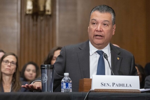 FILE - Sen. Alex Padilla, D-Calif., speaks during a Senate Health, Education, Labor and Pensions confirmation hearing on April 20, 2023, in Washington. Prominent Latinos in Congress looked on quietly, at first, privately raising concerns with the Biden administration over the direction of border security talks. Padilla was on the phone constantly with administration officials questioning why the Senate negotiations did not include any meaningful consideration of providing pathways to citizenship for long-time undocumented immigrants. (APPhoto/Alex Brandon, File)