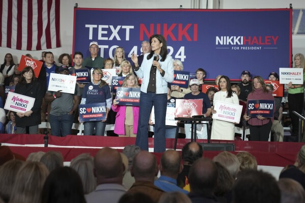 GOP presidential hopeful Nikki Haley speaks during a campaign event on Monday, Nov. 27, 2023, in Bluffton, S.C. Haley is among a cluster of Republican candidates competing for second place in a GOP Republican primary thus far largely dominated by former President Donald Trump. (AP Photo/Meg Kinnard)