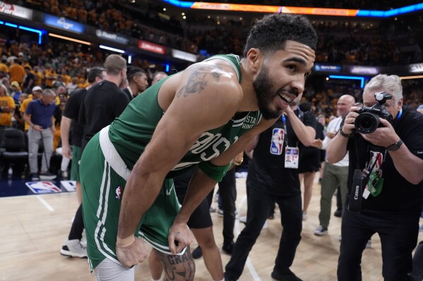 Boston Celtics forward Jayson Tatum reacts after Game 4 of the NBA Eastern Conference basketball finals against the Indiana Pacers, Monday, May 27, 2024, in Indianapolis. The Celtics won 105-102.(AP Photo/Michael Conroy)