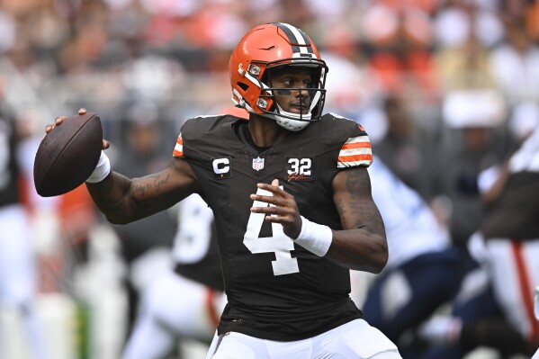 Cleveland Browns quarterback Deshaun Watson (4) throws a pass against the Tennessee Titans during the first half of an NFL football game Sunday, Sept. 24, 2023, in Cleveland. (AP Photo/David Richard)