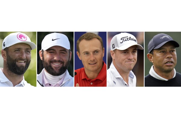 FILE - From left are golfers Jon Rahm, Scottie Scheffler, Jordan Spieth, Justin Thomas and Tiger Woods. The 106th PGA Championship is scheduled to be played at Valhalla Golf Club in Louisville, Ky., May 16-19. (AP Photo/File)