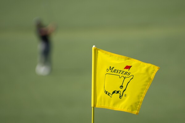 The Masters flag is displayed on the second hole during a practice round in preparation for the Masters golf tournament at Augusta National Golf Club Monday, April 8, 2024, in Augusta, Ga. (AP Photo/Matt Slocum)