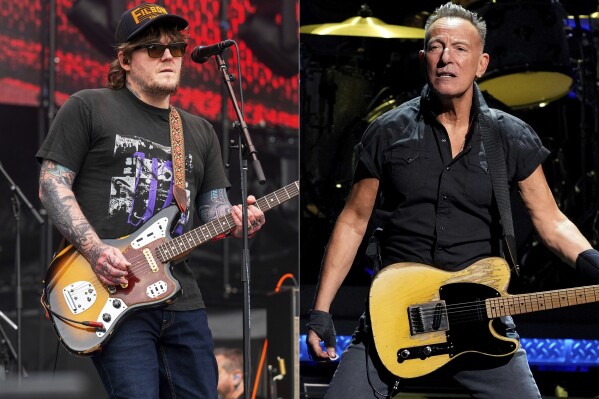 This combination of photos shows Brian Fallon of The Gaslight Anthem performing at the Shaky Knees Music Festival in Atlanta on May 6, 2023, left, and Bruce Springsteen performing with the E Street Band in New York on April 1, 2023. (AP Photo)