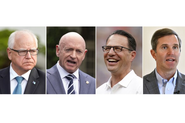 This composite left to right, shows Minnesota Gov. Tim Walz, center, July 3, 2024, in Washington, Sen. Mark Kelly, D-Ariz., June 4, 2024, in Washington, Pennsylvania Gov. Josh Shapiro, July 20, 2024, in Pittsburgh, and Kentucky Gov. Andy Beshear in Frankfort, Ky., July 22, 2024. (AP Photo)