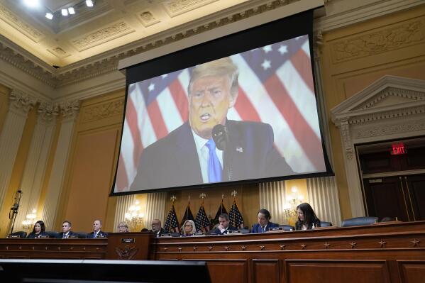 A video of former President Donald Trump is shown on a screen, as the House select committee investigating the Jan. 6 attack on the U.S. Capitol holds its final meeting on Capitol Hill in Washington, Monday, Dec. 19, 2022. (AP Photo/J. Scott Applewhite)