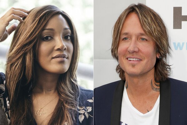 In this Aug. 3, 2020 photo, Mickey Guyton is photographed during a remote portrait session in Los Angeles on Aug. 3, 2020, left, and Keith Urban appears at the 13th Annual ACM Honors in Nashville, Tenn. on August 21, 2019. Guyton and Urban will host the Academy of Country Music Awards in April. (AP Photo)