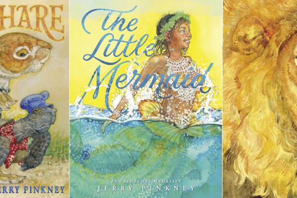 This combination of book cover images shows "The Tortoise & The Hare," "The Little Mermaid," and "The Lion and the Mouse," by Caldecott Medalist Jerry Pinkney. Little, Brown Books for Young Readers announced that Pinkney died Wednesday, Oct. 20, 2021, at age 82 after a brief, non-Covid related illness. (Little, Brown Books for Young Readers via AP)