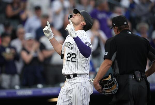 May 4 2022: Colorado center fielder Yonathan Daza (2) gets a hit