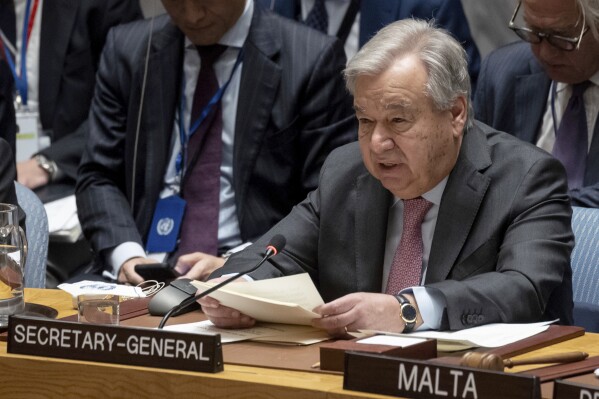 FILE - United Nations Secretary General Antonio Guterres speaks during a Security Council meeting at the United Nations headquarters, April 18, 2024. Guterres will tell the Security Council next week that both Israel and Hamas are violating children’s rights and leaving them exposed to danger in their war to eliminate each other. The head of Guterres’ office called Israel’s U.N. ambassador, Gilad Erdan, on Friday, June 7, 2024, to inform him that Israel would be in the report. (AP Photo/Yuki Iwamura, File)