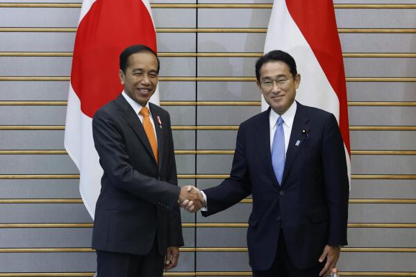 Indonesian President Joko Widodo, left, and Japan's Prime Minister Fumio Kishida meet at the prime minister's official residence in Tokyo Wednesday, July 27, 2022.  (Kiyoshi Ota/Pool Photo via AP)
