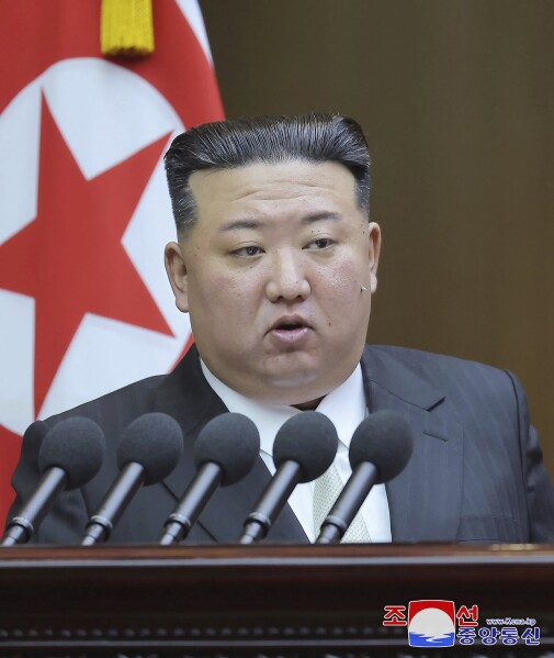 In this photo taken during a two-day session on Sept. 26-27, 2023 and provided by the North Korean government, North Korean leader Kim Jong Un speaks at a meeting of the country's parliament in Pyongyang, North Korea. Independent journalists were not given access to cover the event depicted in this image distributed by the North Korean government. The content of this image is as provided and cannot be independently verified. Korean language watermark on image as provided by source reads: "KCNA" which is the abbreviation for Korean Central News Agency. (Korean Central News Agency/Korea News Service via AP)