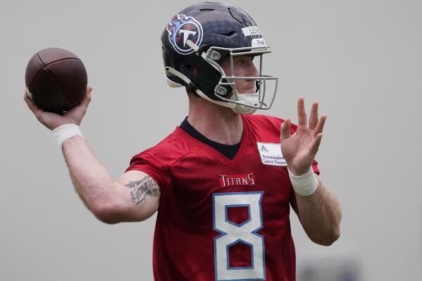 Tennessee Titans quarterback Will Levis (8) throws a pass during the NFL football team's rookie minicamp, Saturday, May 13, 2023, in Nashville, Tenn. (AP Photo/George Walker IV)